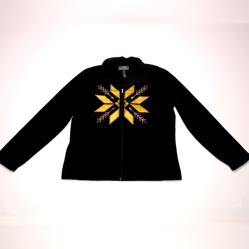 Vintage RARE L-RL Active Women’s Black Fleece Jacket Zip Gold Snowflake XL